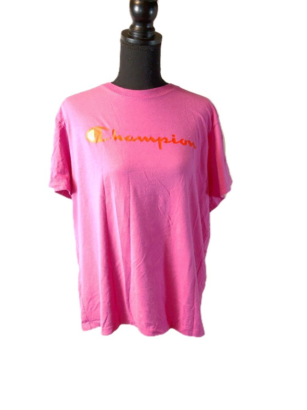 Champion Women's Pink Spellout Graphic T-Shirt XL